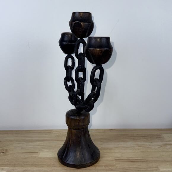 Iron Chain Carved Wood Bell Candle Holders Candelabra Gothic Medieval 13.5” - Picture 9 of 10